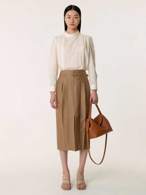 스커트 - 킨더살몬 (KINDERSALMON) - SS23 울실크 Wool Silk Belted Skirt Beige