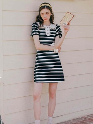 DD_Lapel stripe contrast knit dress