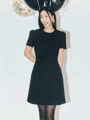 ROCHELLE Semi A-line tweed mini dress (Black)