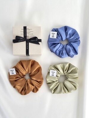 High density 100% silk scrunchie ( Light khaki/ Camel / Vintage blue )