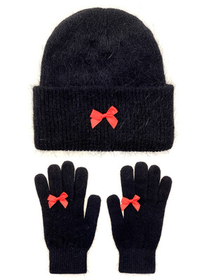 Ribbon Angora Beanie &Gloves [Red Ribbon]