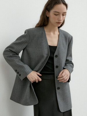 [단독] WOOL STRIPE NOCOLLAR BLAZER_LIGHT GRAY