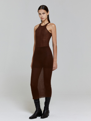 CUTTING HALTER SLIM KNIT DRESS_BROWN