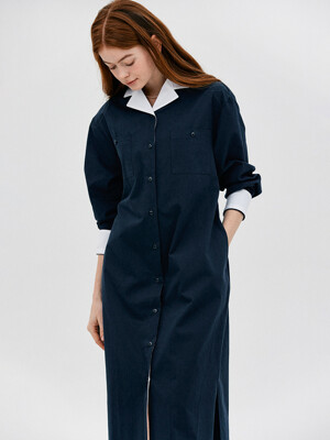 L Open Collar Shirt Dress_Dark Navy