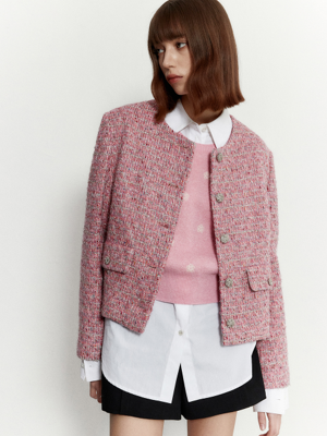 Round neck tweed jacket 004 Pink
