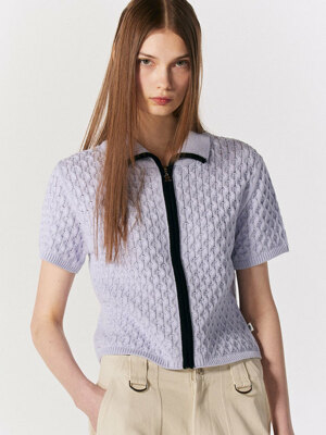 Fisherman Cable Short Sleeve Knit Zipup [LAVENDER]