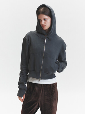 Washed Cropped Zip Hoodie (Charcoal)