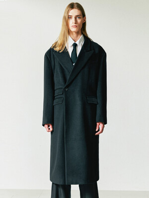 WOOL BLENDED MAXIMAL DOUBLE BUTTON COAT BLACK