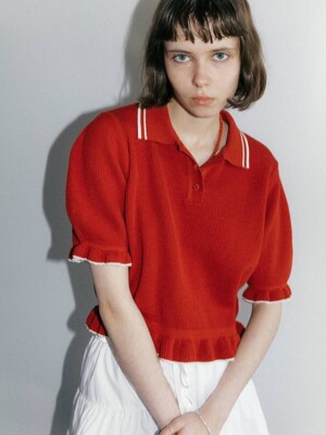 RUFFLE SLEEVE POLO KNIT / RED