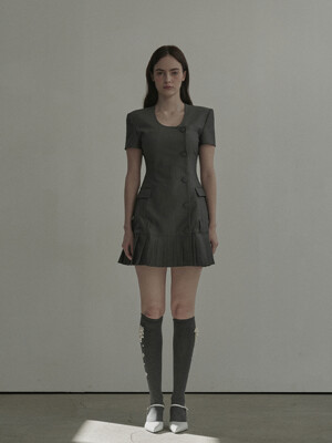 Jenn round neck pleated half sleeve suit jacket dress - Grey