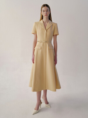 AGATHA Notched collar short sleeve A-line dress (Black/Butter)