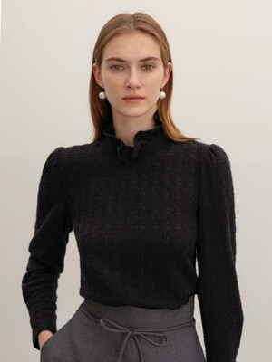 KAIA High neck ruffled lace T-shirt (Black)