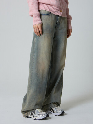 오일 워시드 와이드 데님 팬츠 핑크 블루_Oil Washed Wide Denim Pants Pink Blue