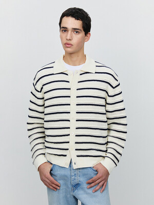 UNISEX OPEN COLLARED CARDIGAN IVORY NAVY STRIPE_M_UDSW5A105IV