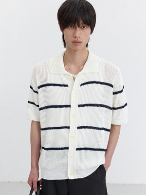 SHAKER STITCH COLLARED CARDIGAN OFF WHITE NAVY_M_UDSW5B321OW