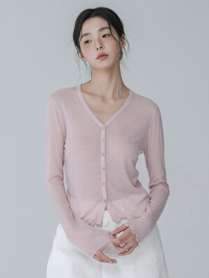 [단독]V NECK SEE-THROUGH SHIRRING CARDIGAN_PINK