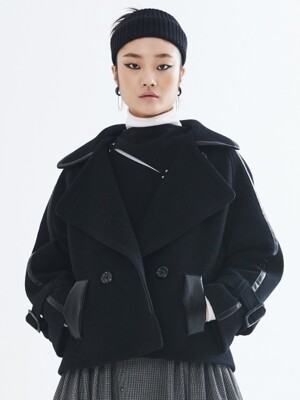 LEATHER TRIM HALF COAT_BLACK