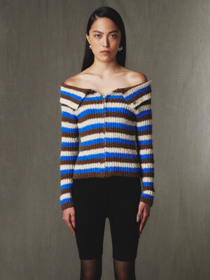 Off-Shoulder Knit Cardigan Blue Stripe