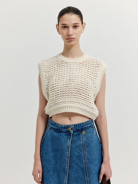 니트 - 잉크 (EENK) - XIKI Crop Knit Vest - Cream