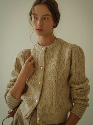 Paisley puff cable round-neck cardigan(Light beige)