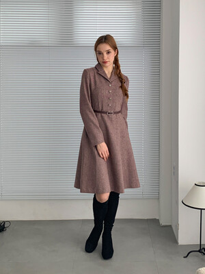 Belted collar flared dress