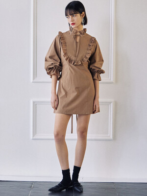 Sleeve Banding Frill Dress-Brown