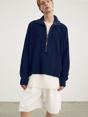 Double collared half zip up pullover_Navy