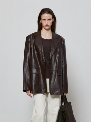 OVER FIT SINGLE LEATHER JACKET-BROWN