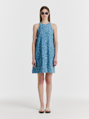 YVONNA Button-front Halterneck Dress - Blue
