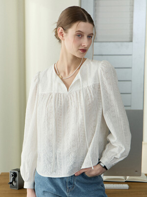 Embroidery Lace Shirring Blouse - White