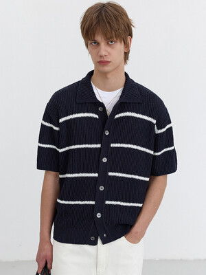 SHAKER STITCH COLLARED CARDIGAN NAVY CREAM_M_UDSW5B321N2