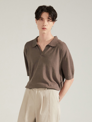 Q_COTTON KNIT SHORT SLEEVE SHIRT_Khaki brown