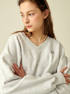 V NECK CROP SWEATSHIRT WHITE MELANGE