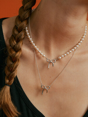 Beau silver ribbon & pearl Necklace[2style]