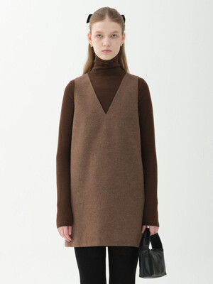 wool blend V-neck mini dress_brown