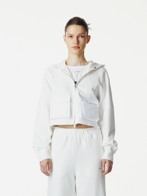 아우터 - 쓰리투에이티 (THREE TO EIGHTY) - Cargo Cropped Hood Zip-Up (White)