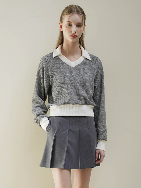 니트 - 아티클레븐 (ARTICLEVEN) - DAISY COLORING COLLAR V NECK KNIT  (GREY)