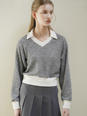 DAISY COLORING COLLAR V NECK KNIT  (GREY)