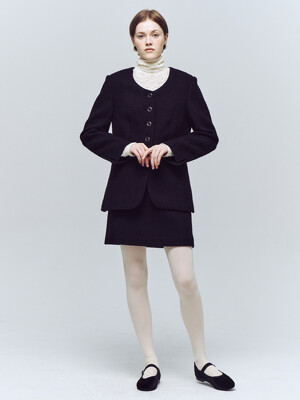 [SET] U-Neck Tweed Jacket & Skirt