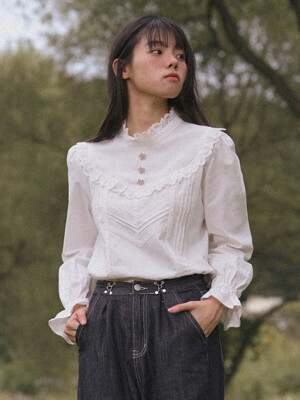 High-Neck Lace-Frill Blouse (Ivory)