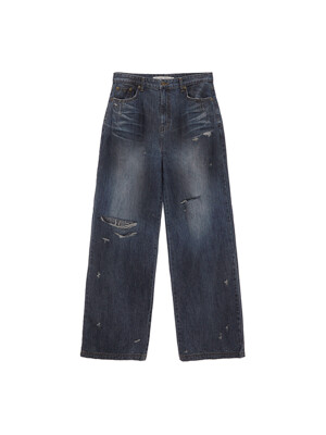 HEAVY WASHED DAMAGE DENIM PANTS IN BLUE