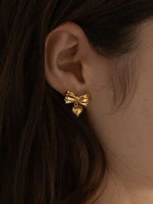 [Silver 925] Ribbon Dangle Heart Earrings SE221 - Gold