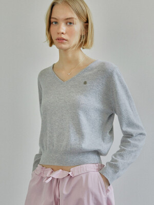 CROP V-NECK WOOL KNIT / MELANGE GREY