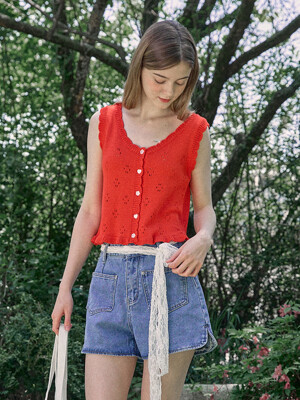 FRILL PUNCHING KNIT VEST_RED