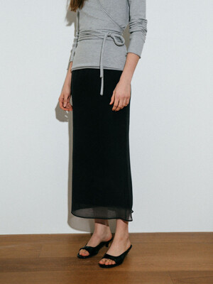 Sheer H-Line long Skirt[LMBESPSK5401]-Black