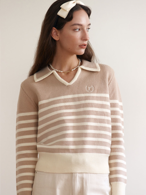 COLLAR STRIPE KNIT WH+BE