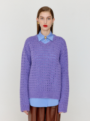 VNET V-Neck Net Knit Pullover - Violet