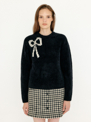VOBINA Fleece Ribbon Knit Pullover - Black
