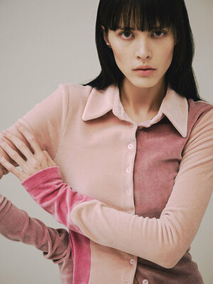 [EXCLUSIVE]PANELLED VELVET FITTED SHIRT, PINK