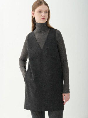 wool blend V-neck mini dress_dark gray